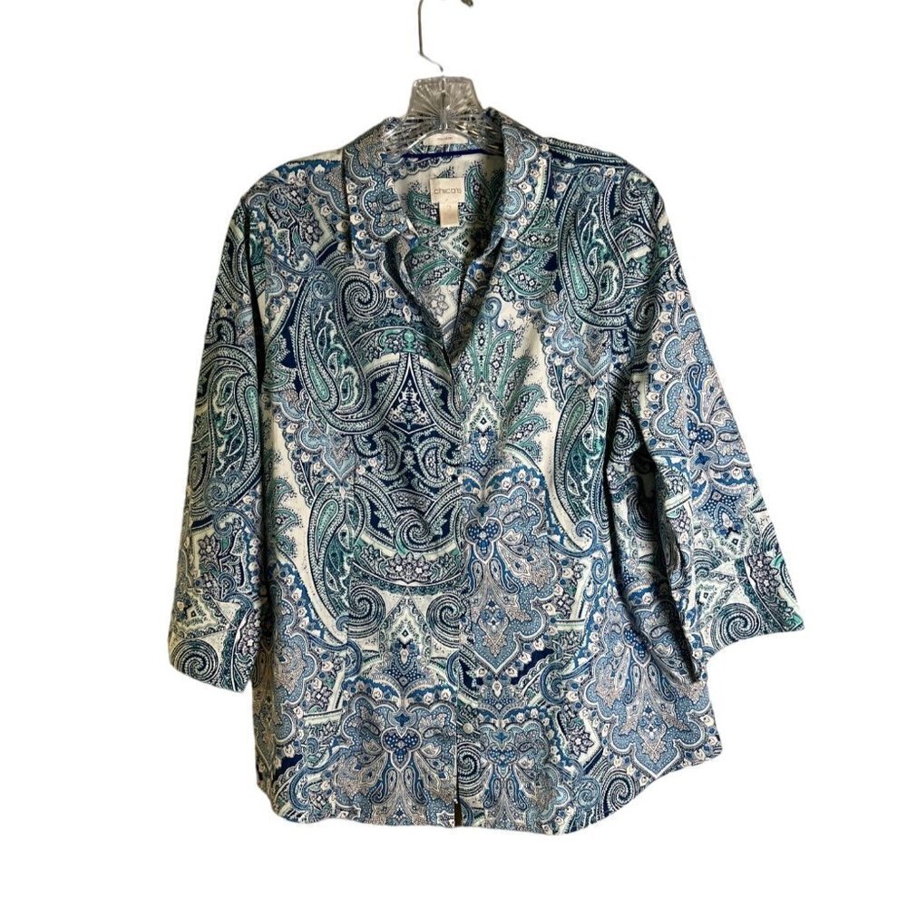 Chico's Women's Button Down Blue & White Blouse Paisley Pattern Size 12/Large